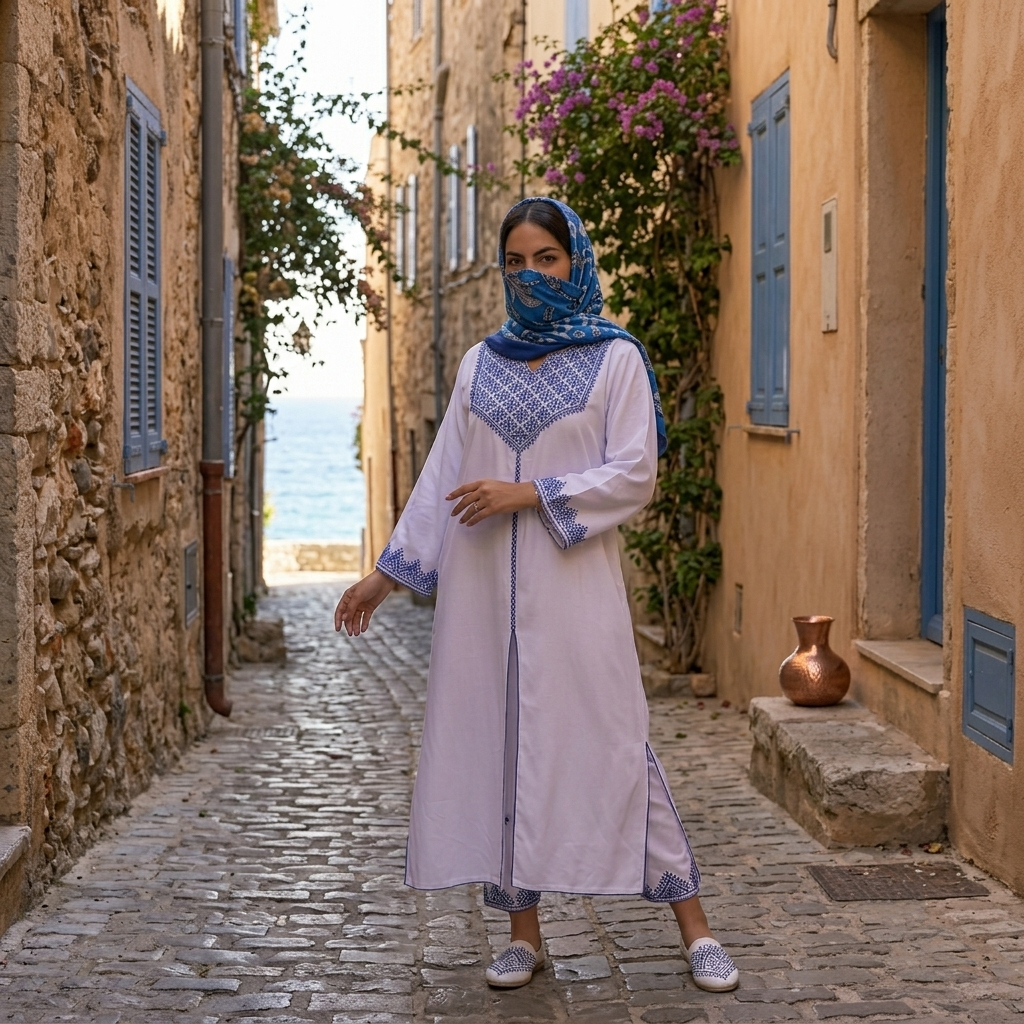 Artisan Moroccan Embroidered Kaftan & Trousers Set