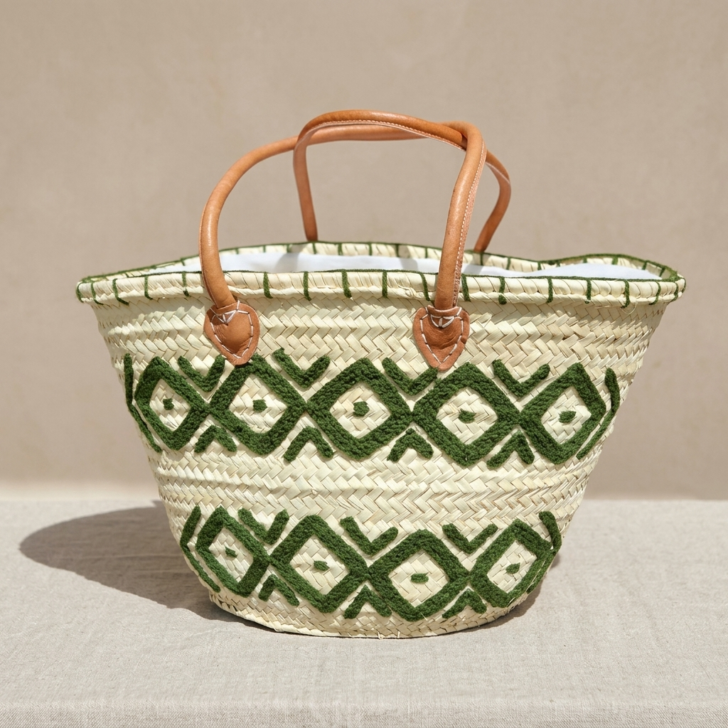 Artisan Palm Tote with Green Diamond Embroidery