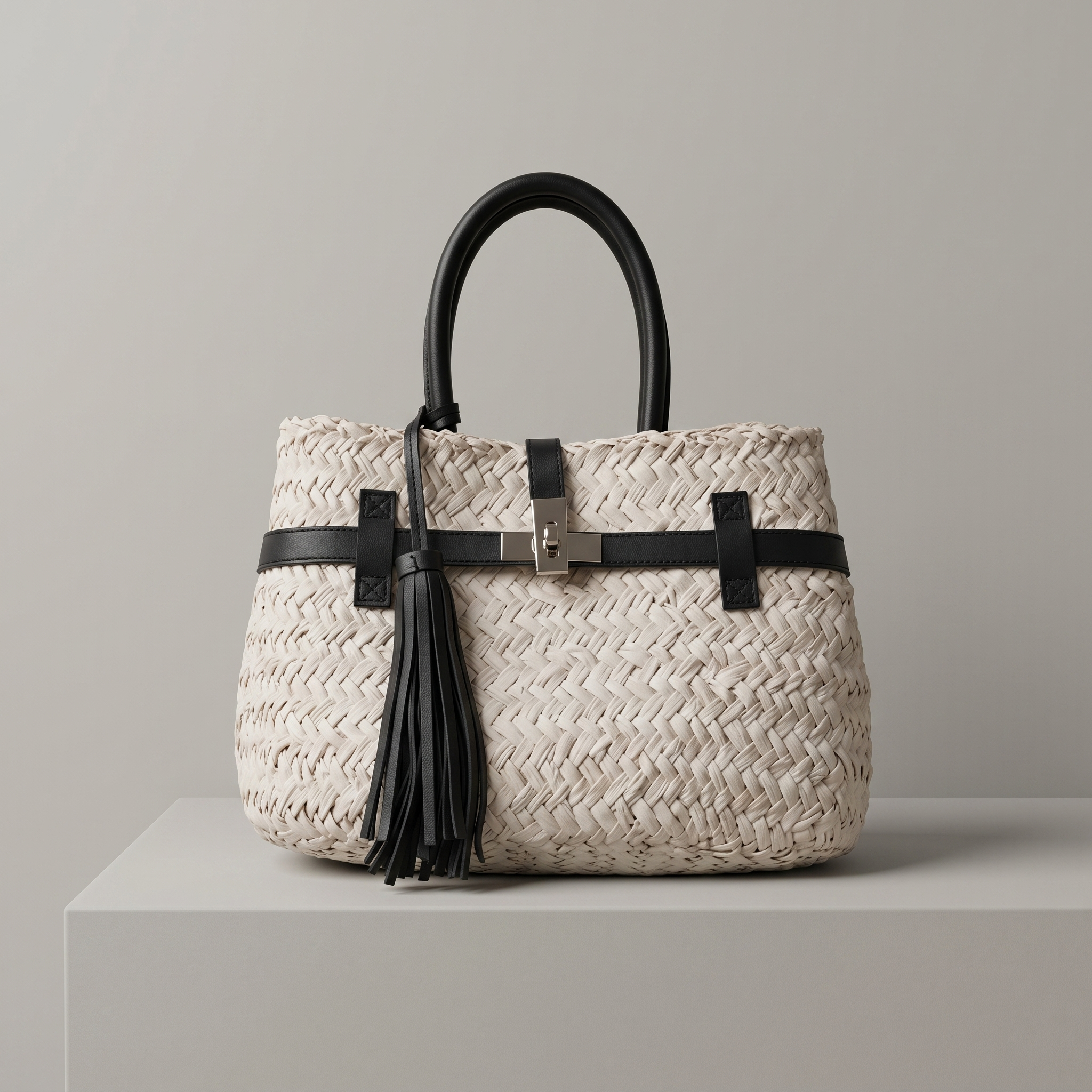 Artisan Woven Raffia & white Leather Tote Bag with Tassel