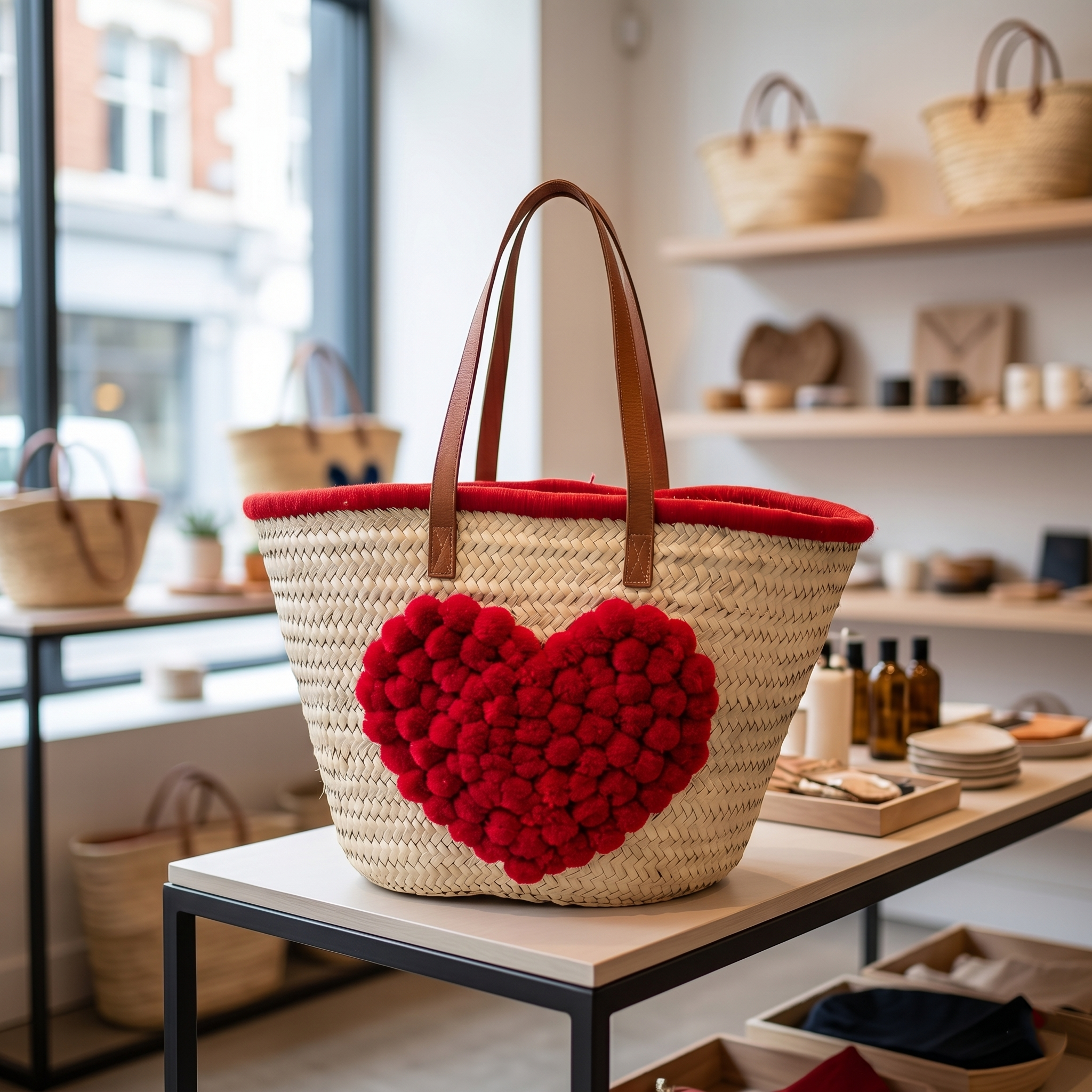 Artisan Woven Straw Bag with Red Pom Heart & Leather