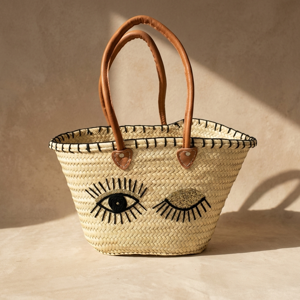 Artisan Woven Straw Tote Bag with Gold Winking Eye