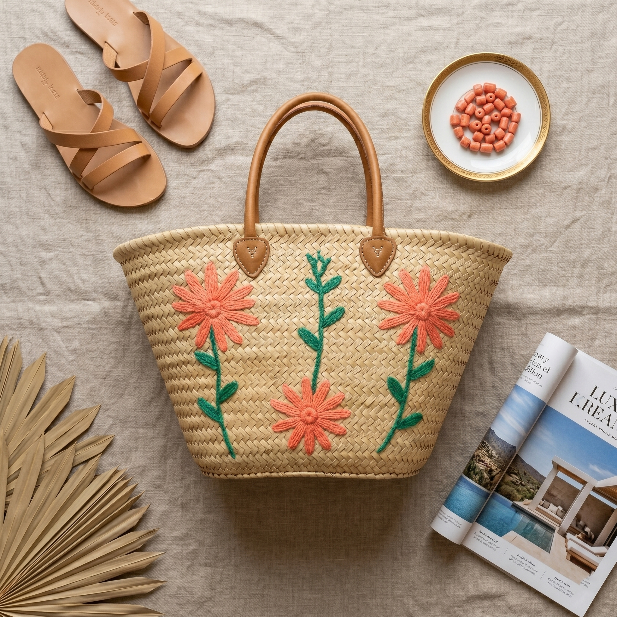 Artisan Woven Straw Tote | Hand-Embroidered Floral Basket