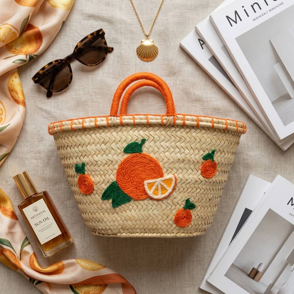 Hand-Woven Artisan Straw Tote Bag with Orange Embroidery
