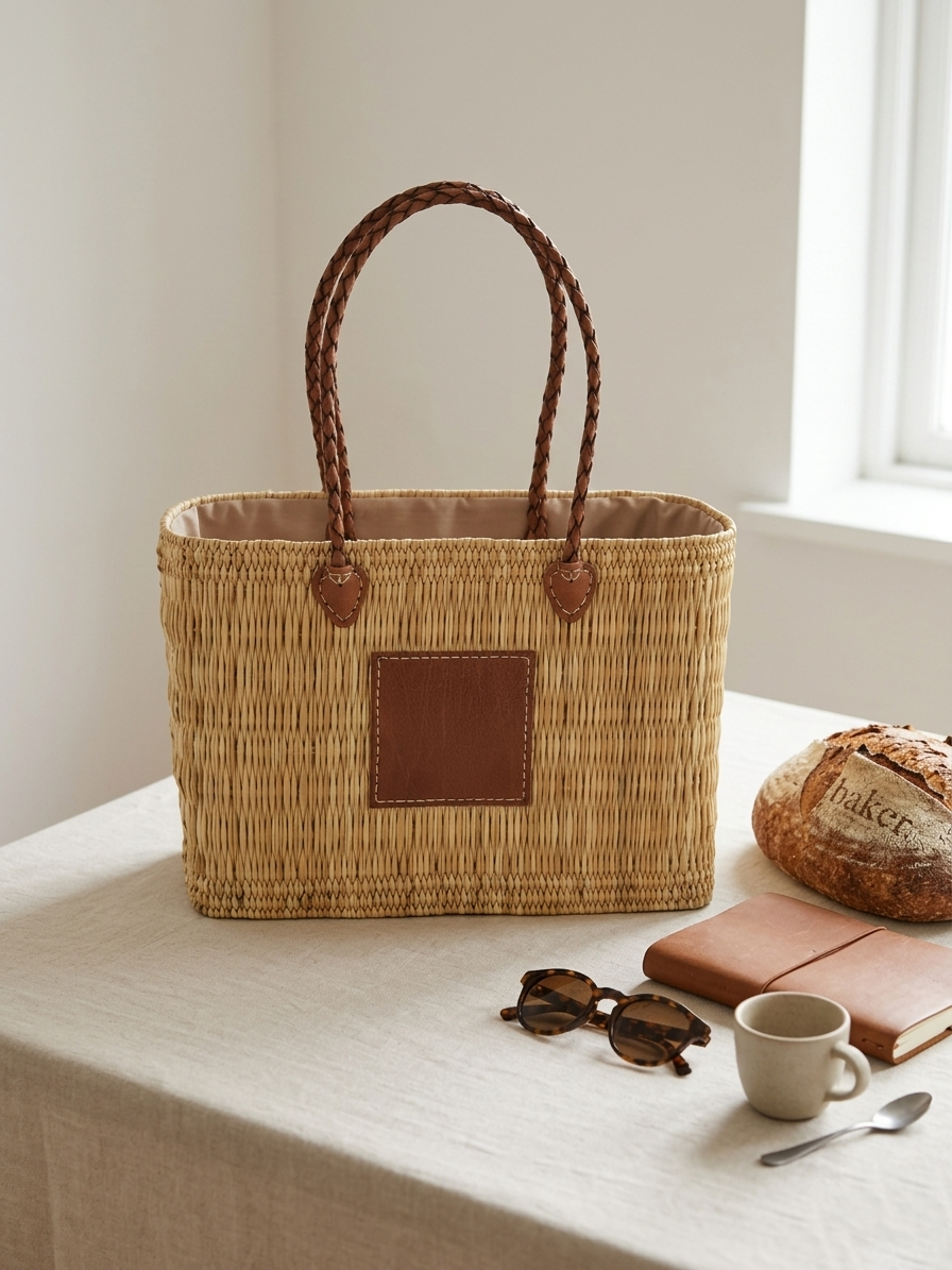 Hand-Woven Raffia Tote with Braided Leather Handles