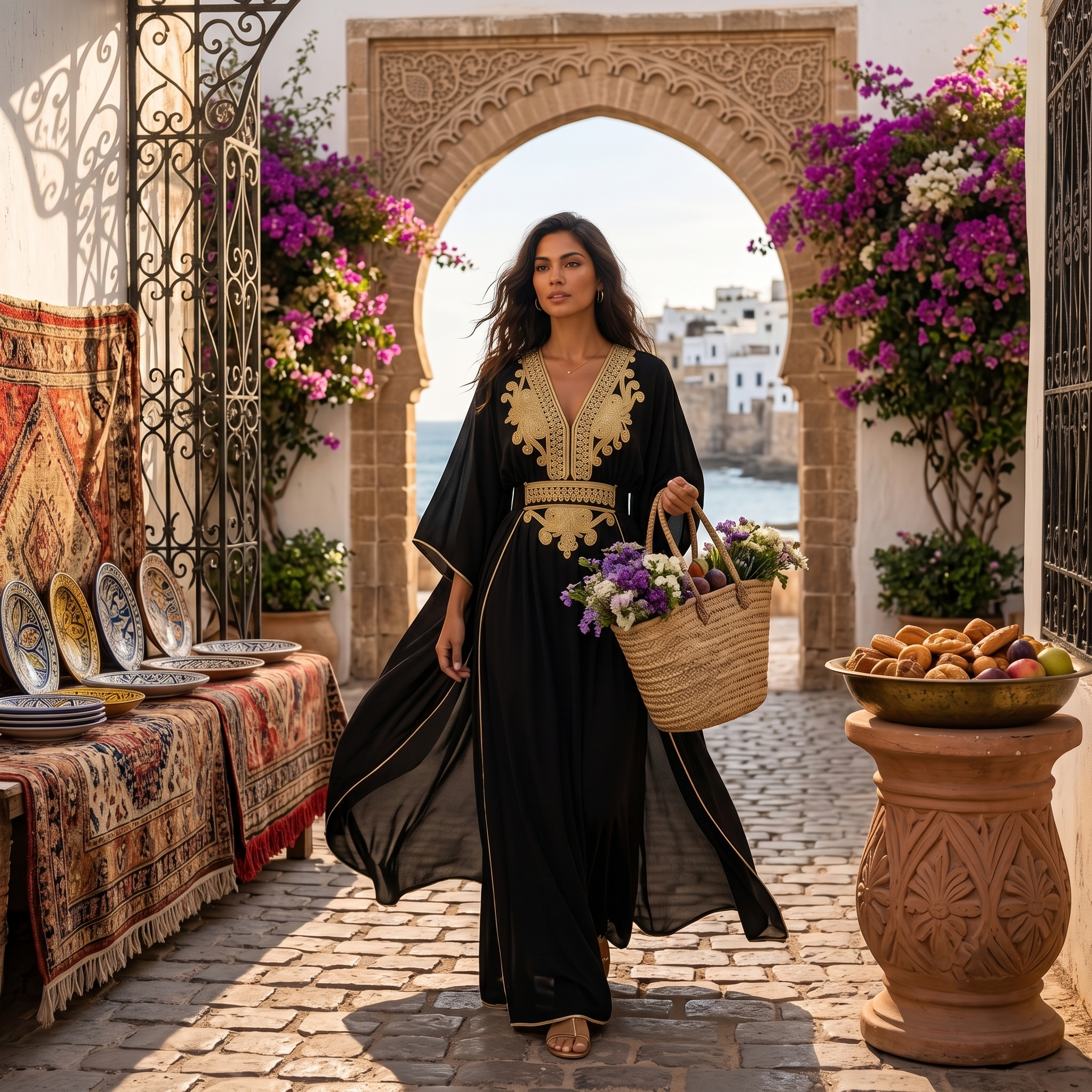 Handcrafted Gold-Embroidered Black Silk Caftan | Artisan Lux