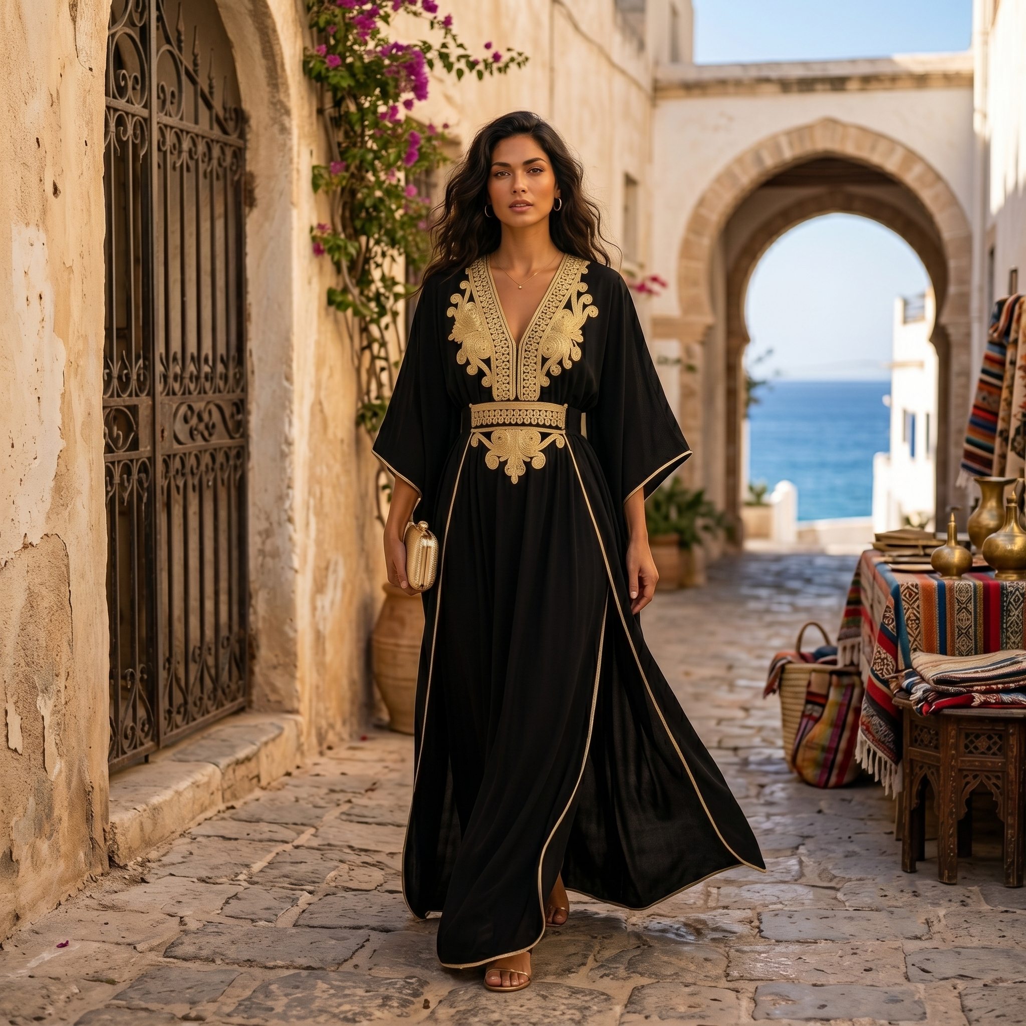 Handcrafted Gold-Embroidered Black Silk Caftan | Artisan Lux