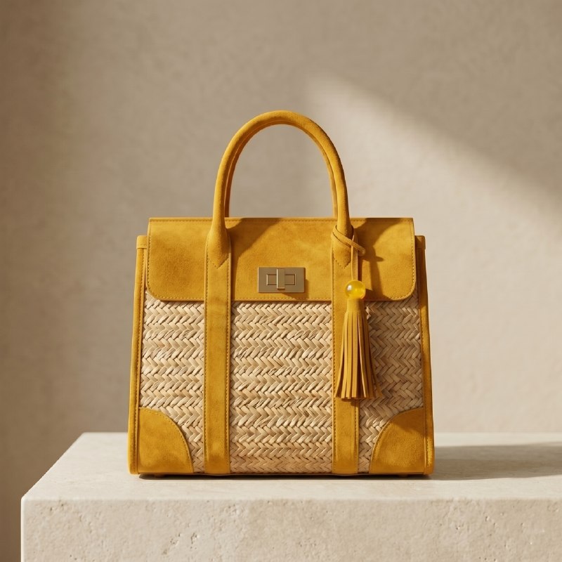 Handmade Artisan Straw & Suede Luxury Tote Bag