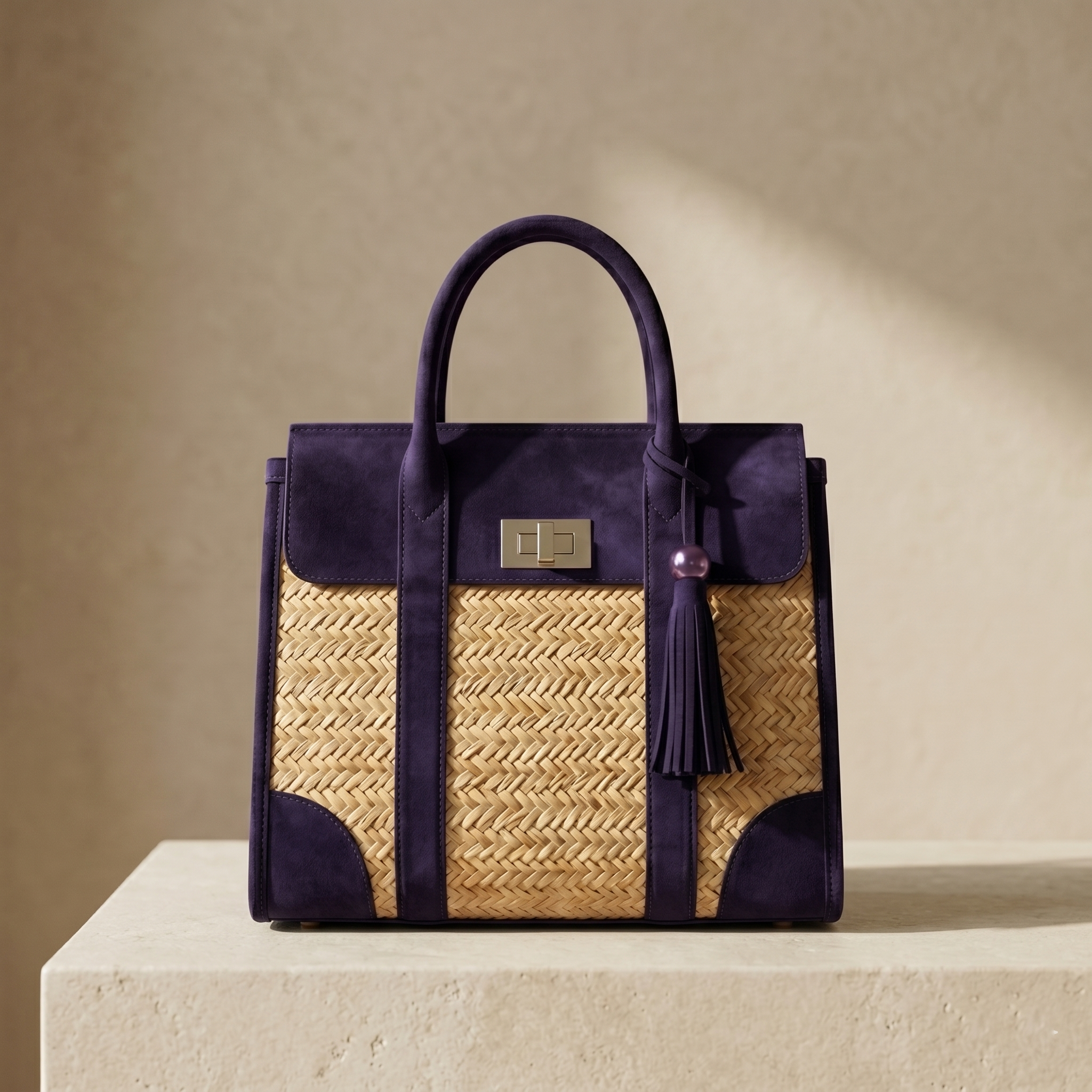 Handmade Artisan Straw & Suede Luxury Tote Bag