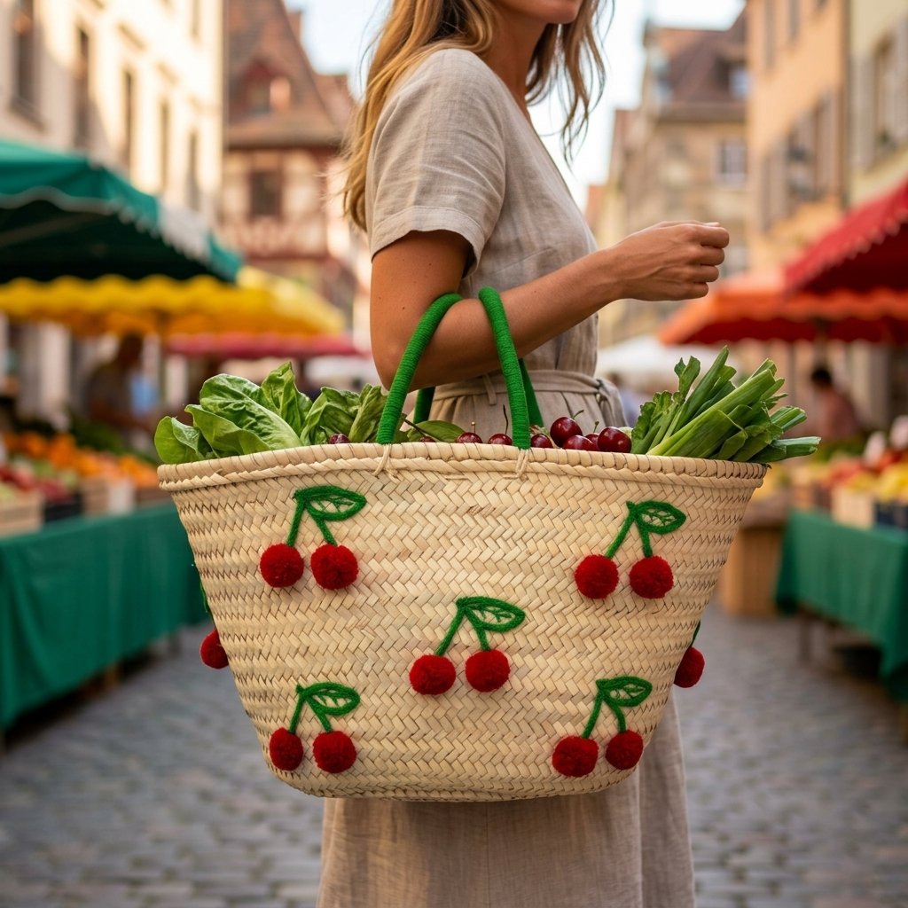 Handmade Cherry Woven Straw Market Tote