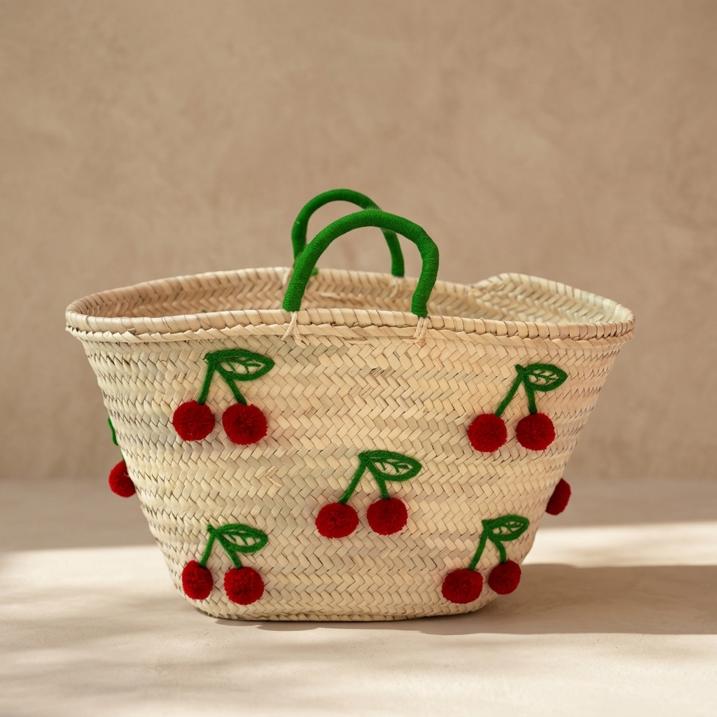 Handmade Cherry Woven Straw Market Tote