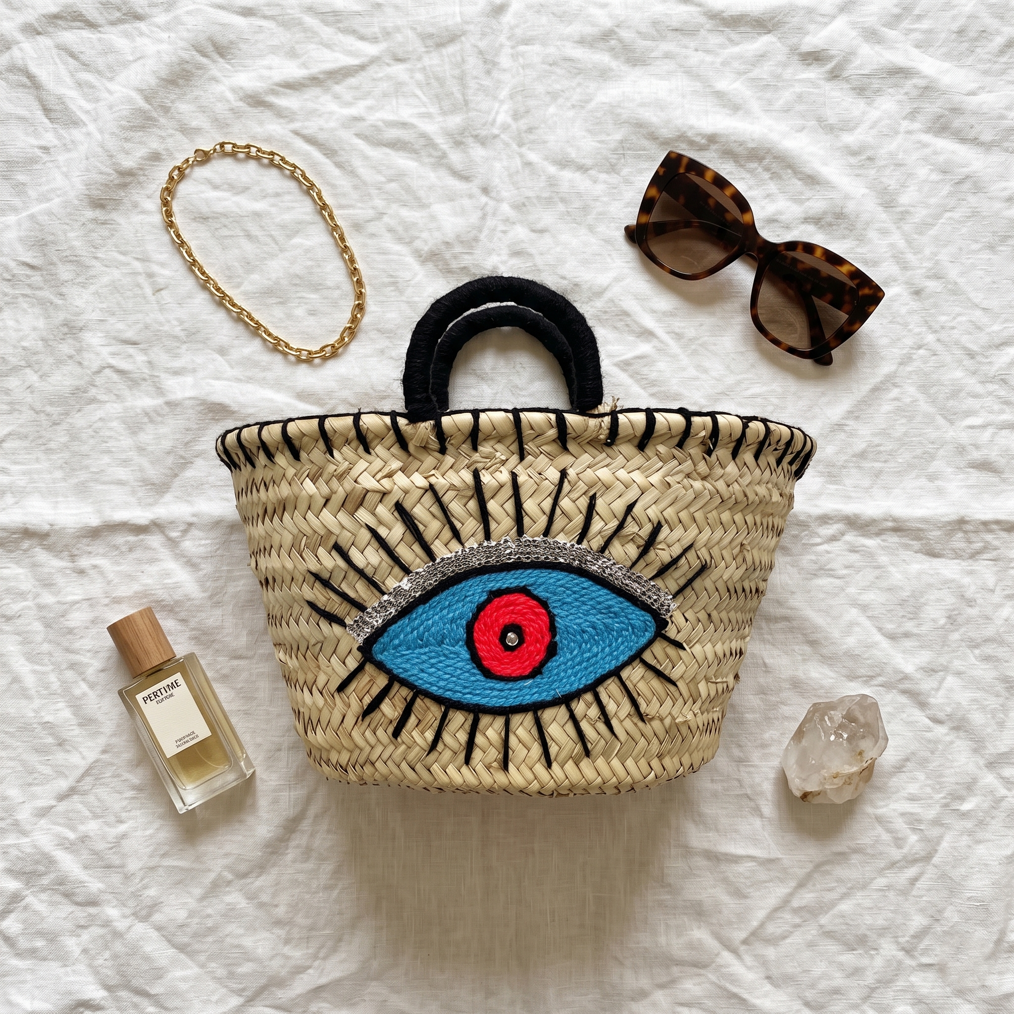 Handmade Moroccan Straw Tote Bag with Evil Eye | Boho Beach
