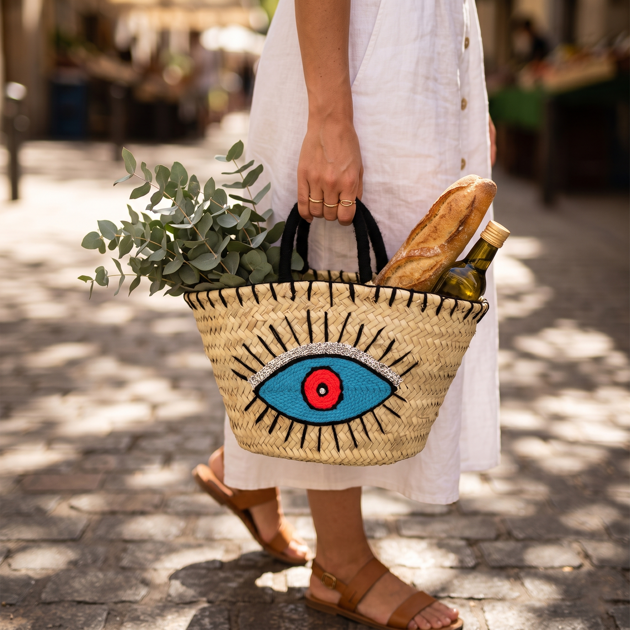 Handmade Moroccan Straw Tote Bag with Evil Eye | Boho Beach