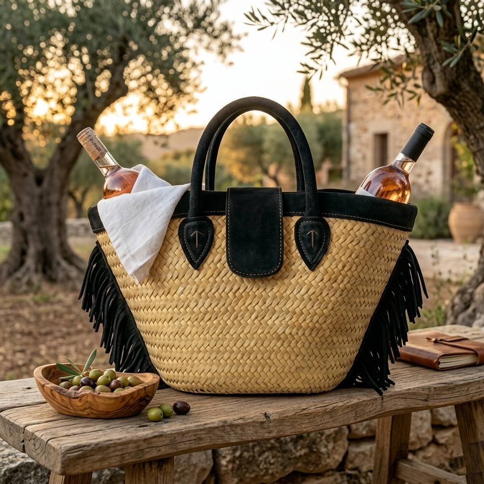 Handmade Straw Basket Tote with Suede Fringe