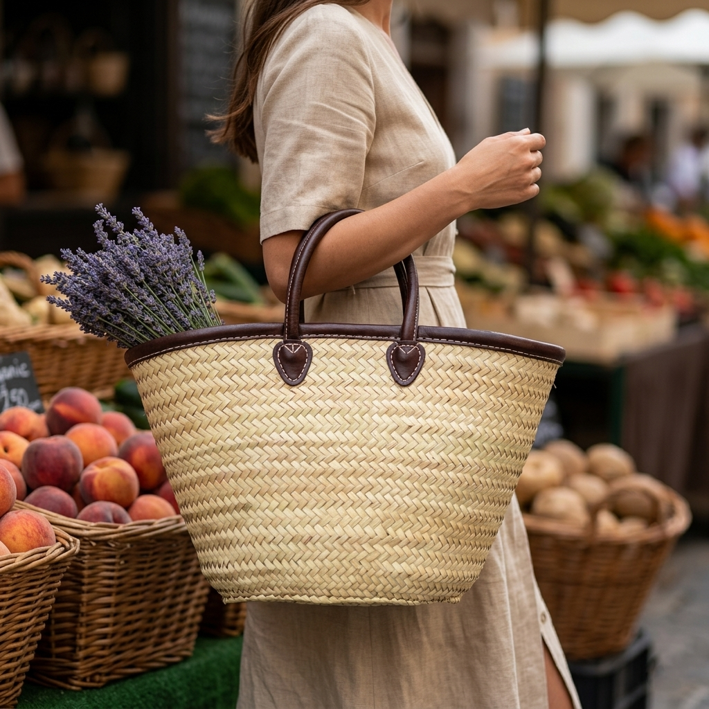 Handwoven Moroccan Straw & Leather Market Tote - Dark Brown