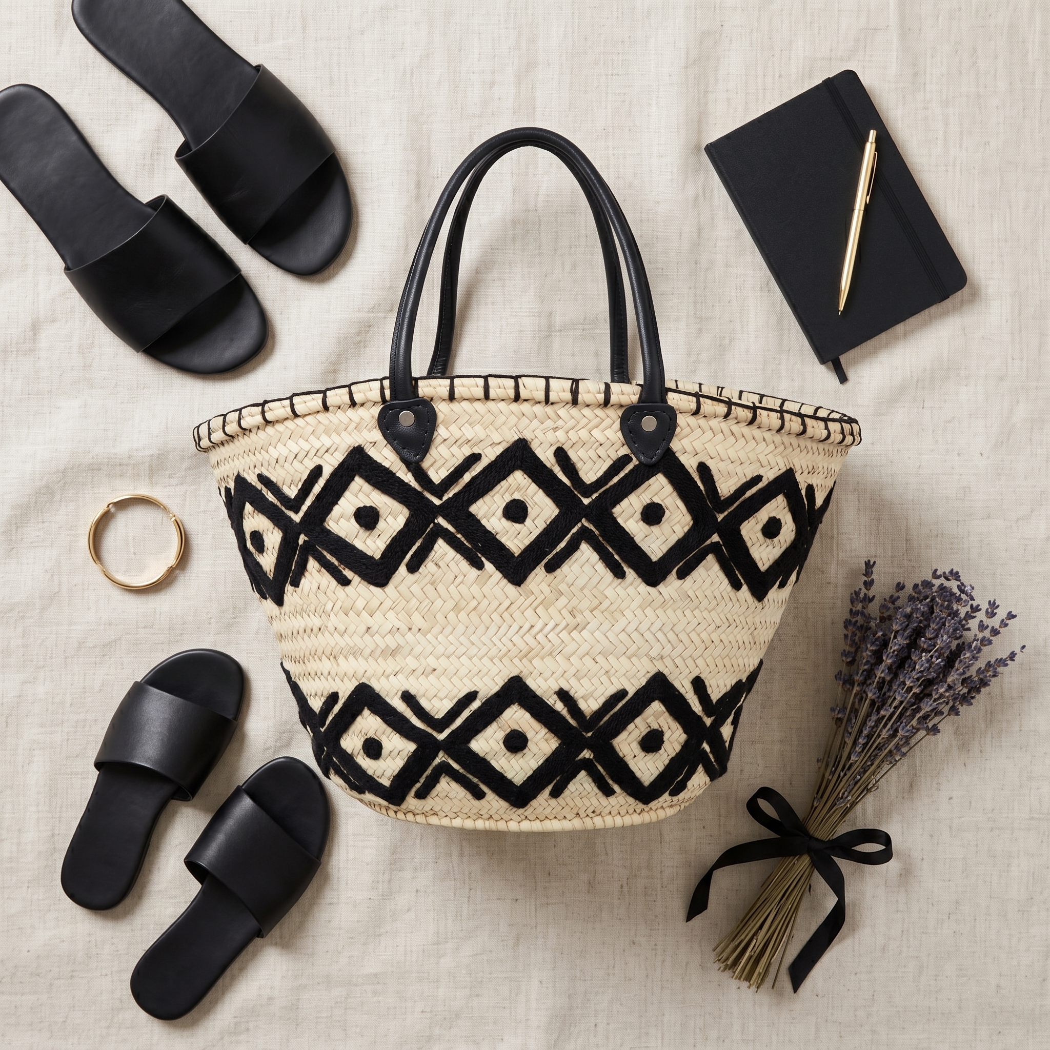Marrakesh Modern Straw Tote: Black Trim Woven Bag