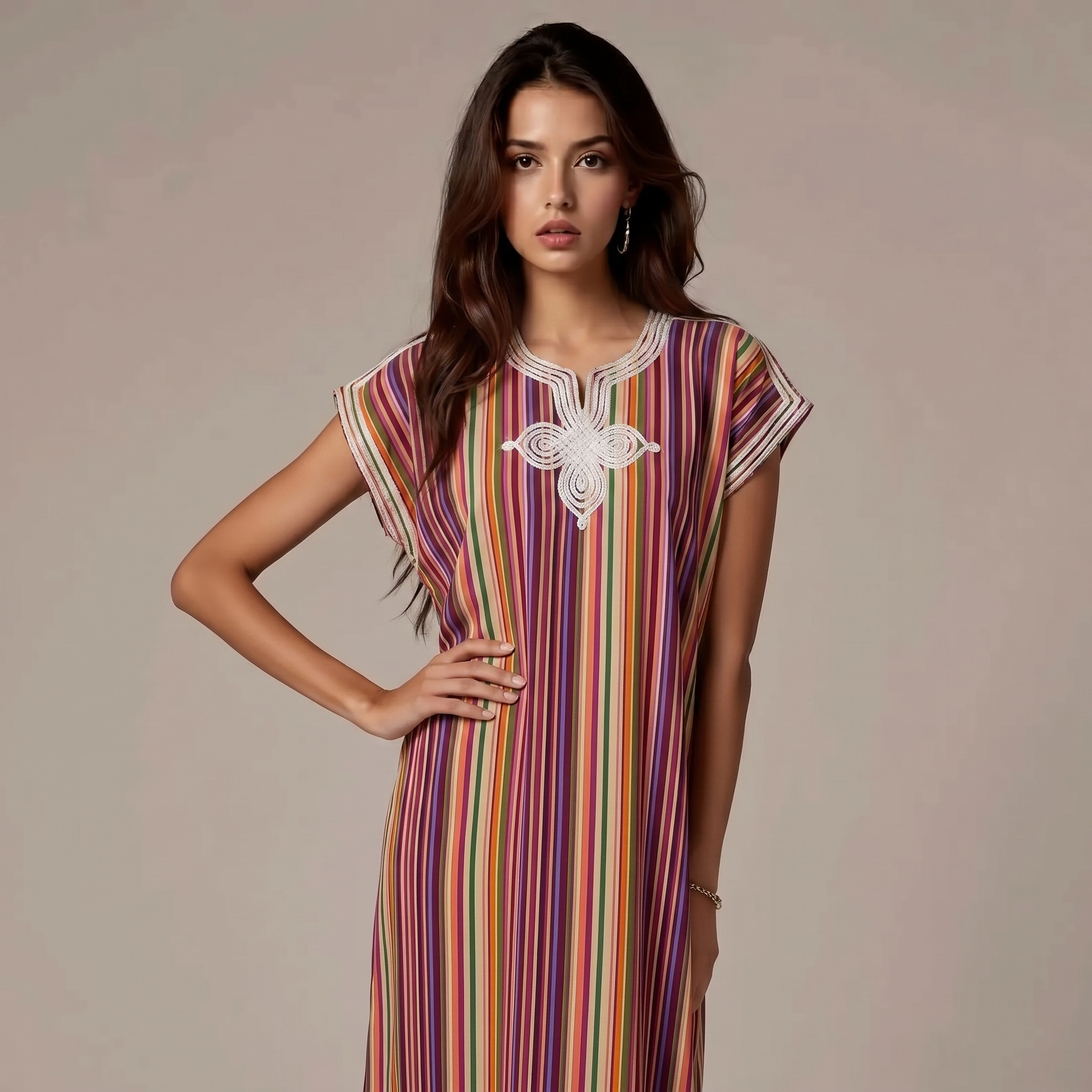 Moroccan Fuchsia Embroidered Kaftan Dress with Stripes