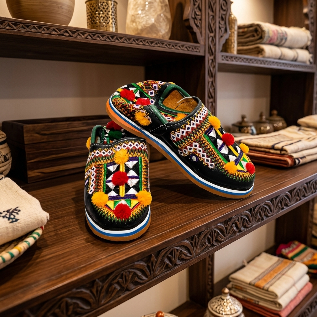 Moroccan Handmade Embroidered Pom-Pom Slippers