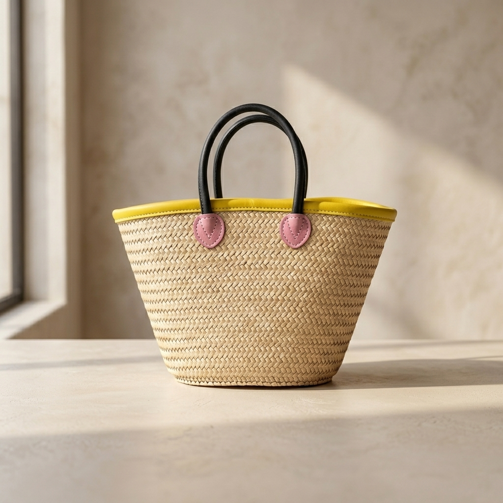 Moroccan Woven Tote, Black handles, Yellow/Pink Trim