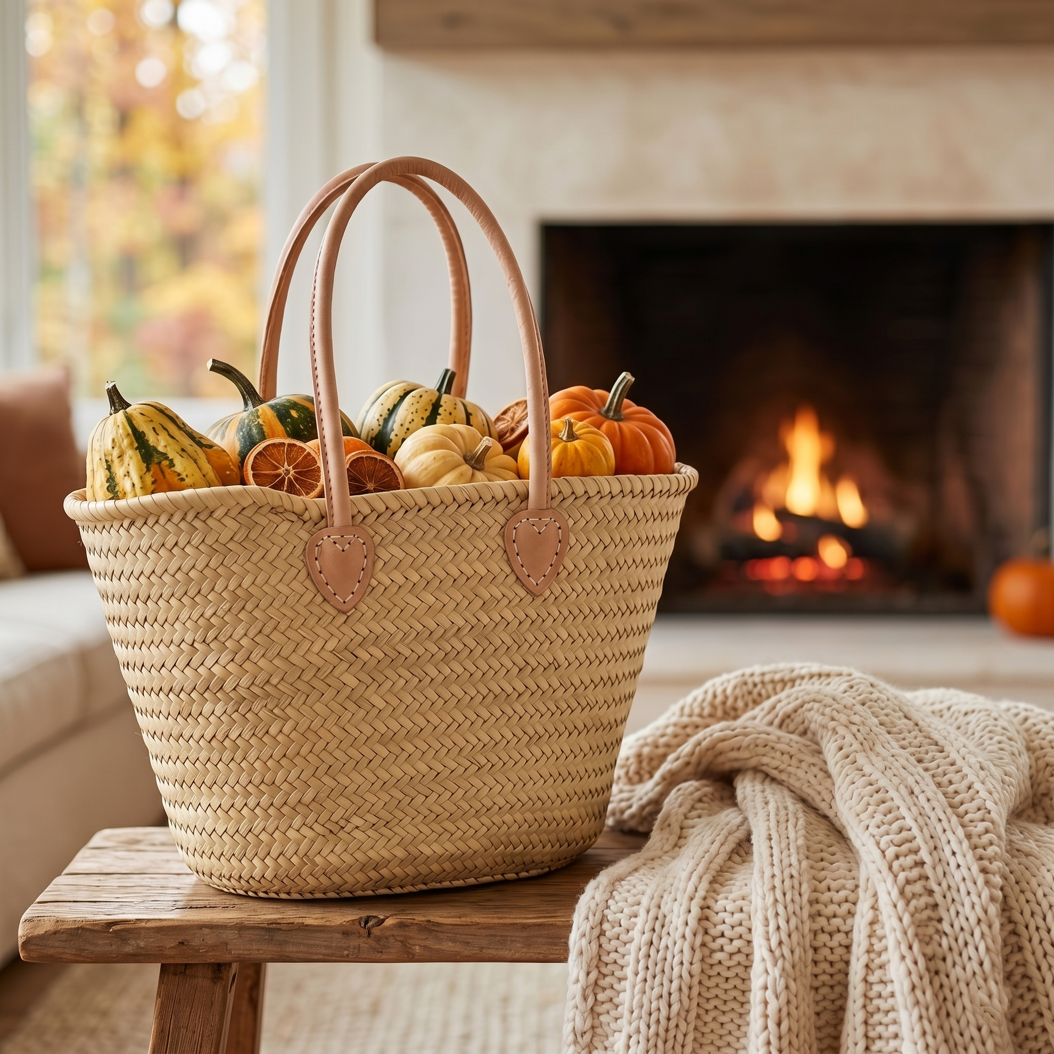 Natural Woven Straw Market Tote with Leather Handles -