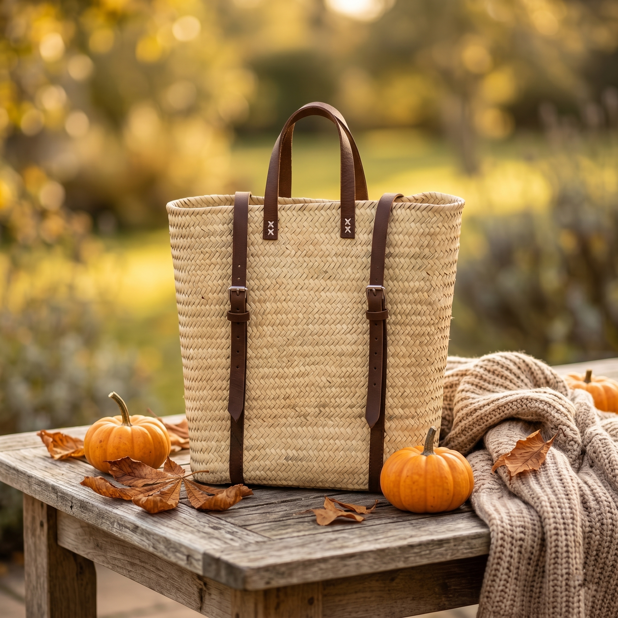 Sustainable Hand-Woven Straw Tote Backpack Leather Trim
