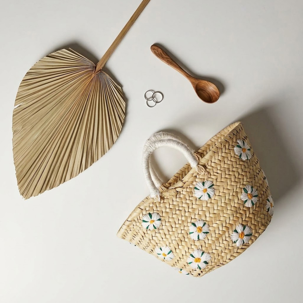 Woven Straw Tote with Embroidered Daisies (Handmade)
