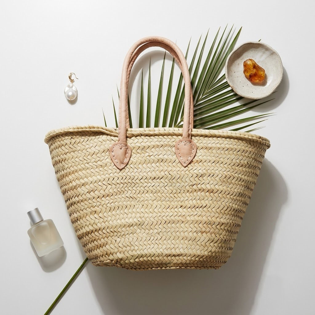 Woven Straw Tote with Embroidered Daisies (Handmade)